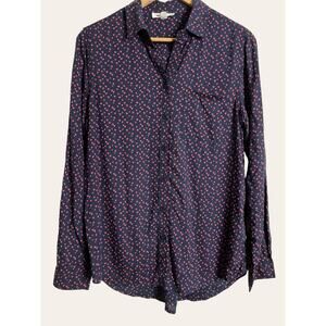 Beach Lunch Lounge Blue Red Heart Print Long Sleeve Viscose Button Up Top Size M